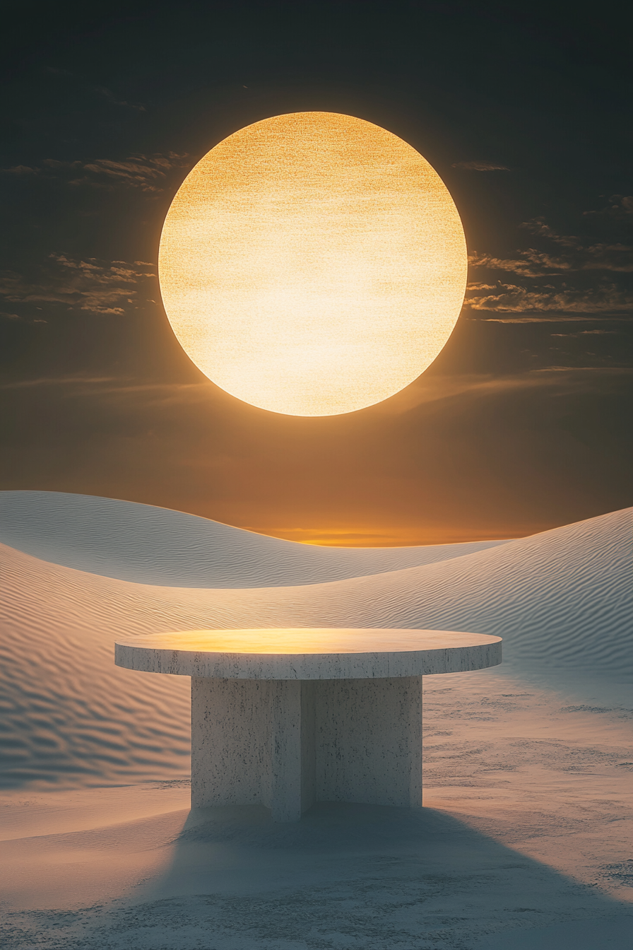 Desert night sky with sunset temple sculpture. Ethereal atmosphere.