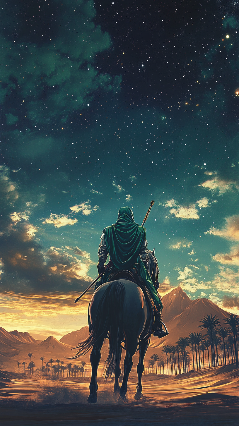 Desert night: Lone horserider in arabian robes, starlit sky