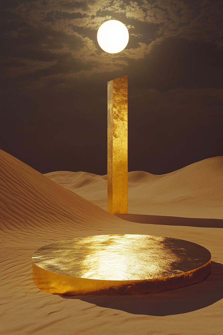 Desert nightsky with sand dune, sunset, temple sculpture.