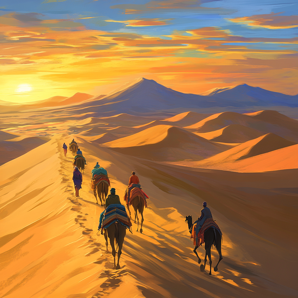 Desert nomads with camels and colorful tents at sunset