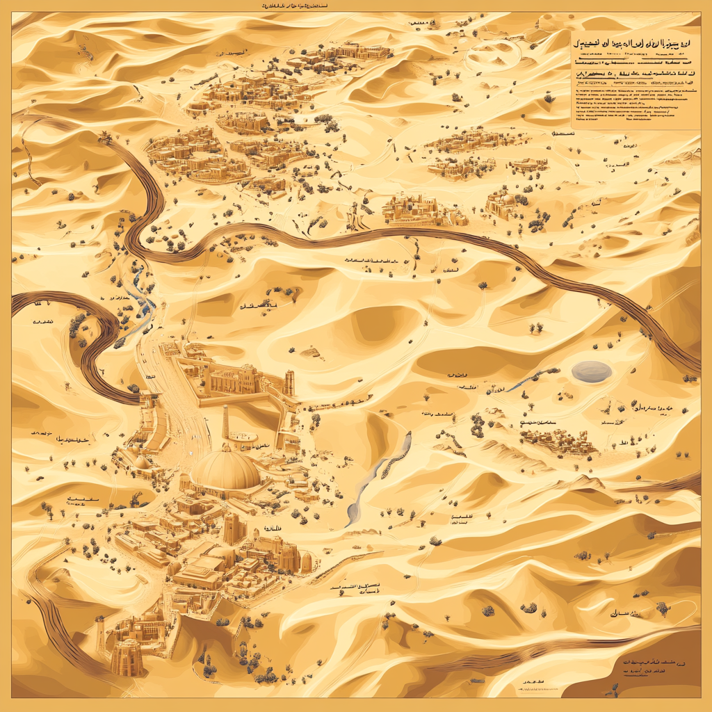 Desert route map with landmarks in Abu Dhabi.