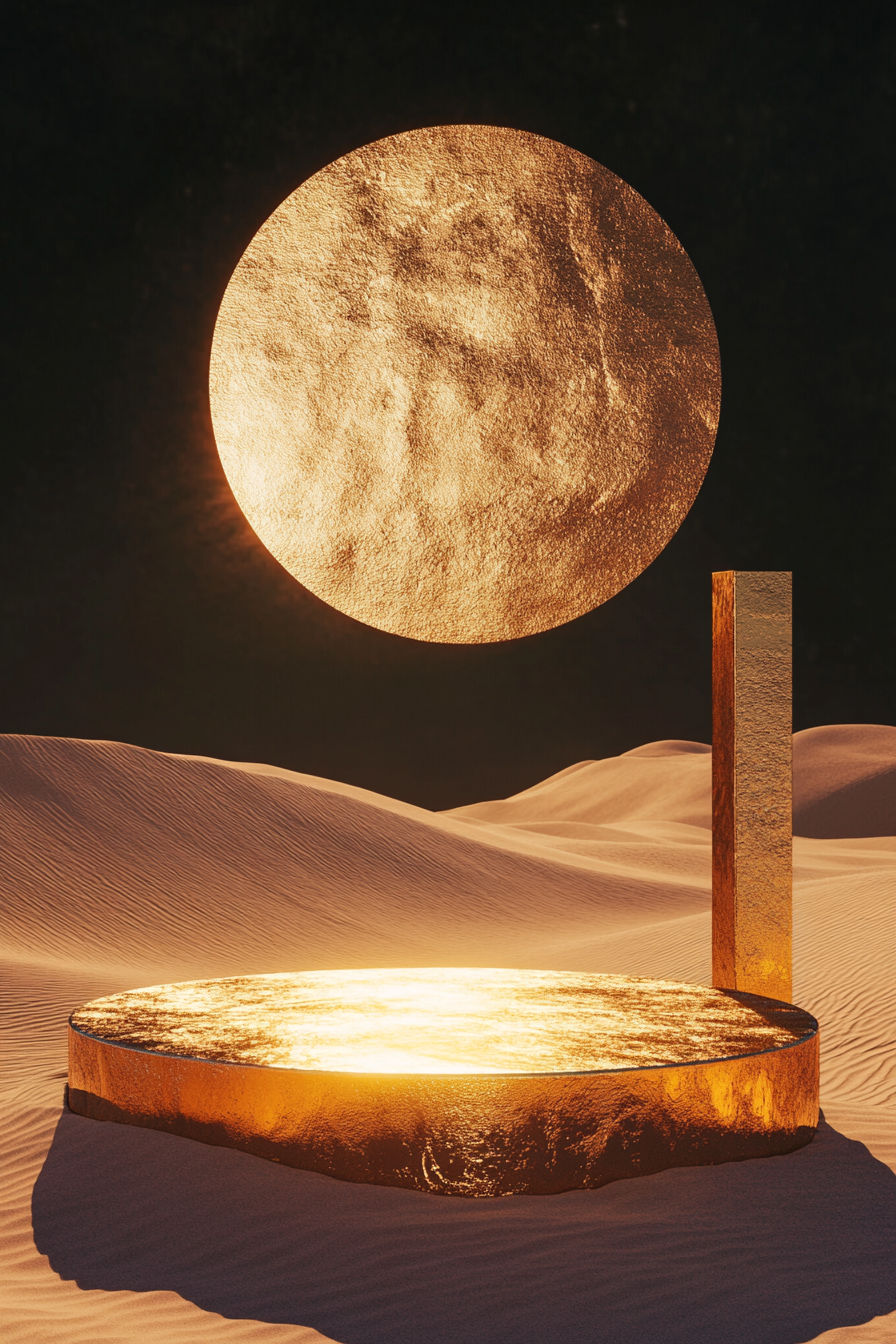 Desert sunset with golden pillar under night sky.