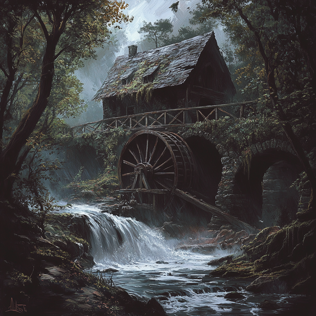 Deserted Mill with Covered Bridge and Water Wheel