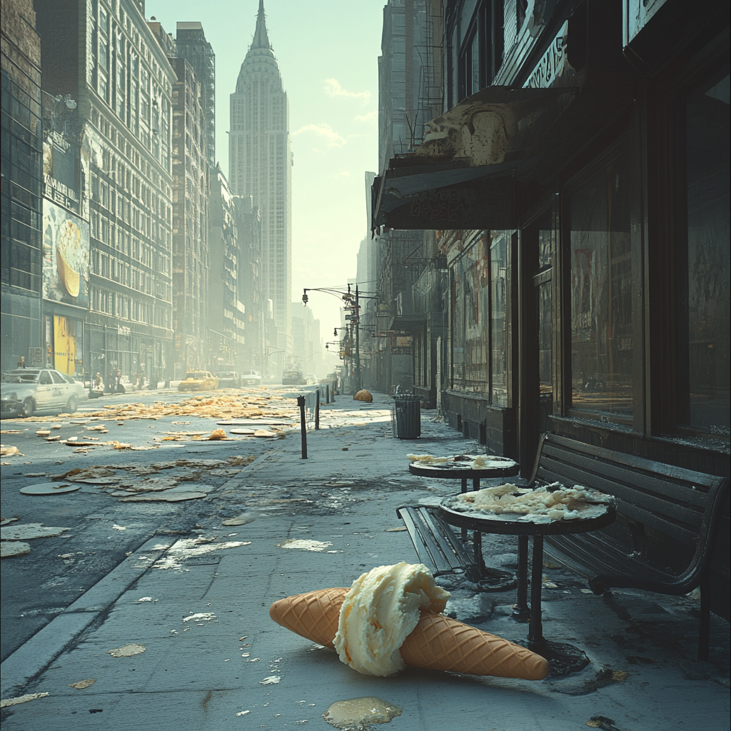 Deserted city street with melting ice cream cones.