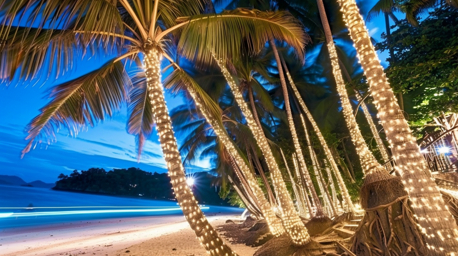 Deserted island beach with fairy lights, turquoise waters.