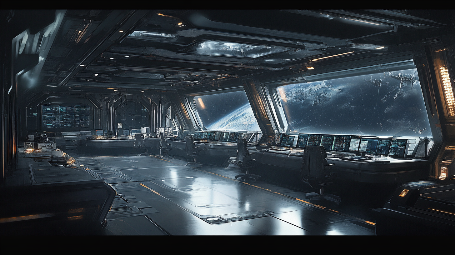 Deserted spaceship command deck with large workstations, dark room.