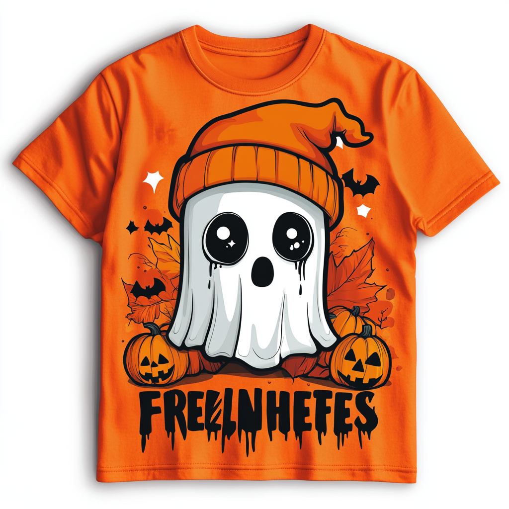 Design Halloween T-shirt with cute ghost and pumpkins.