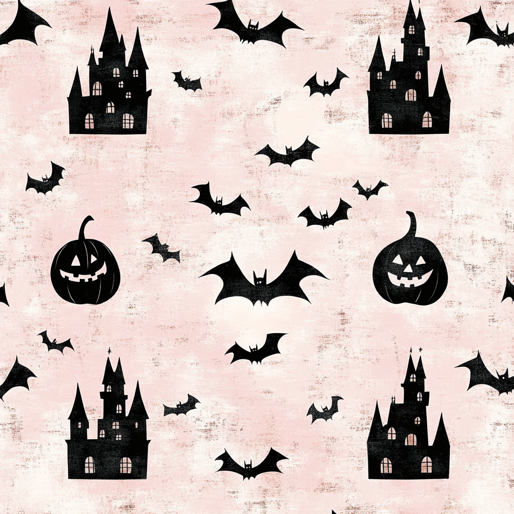 Design Halloween-themed pink pattern with bats and ghosts