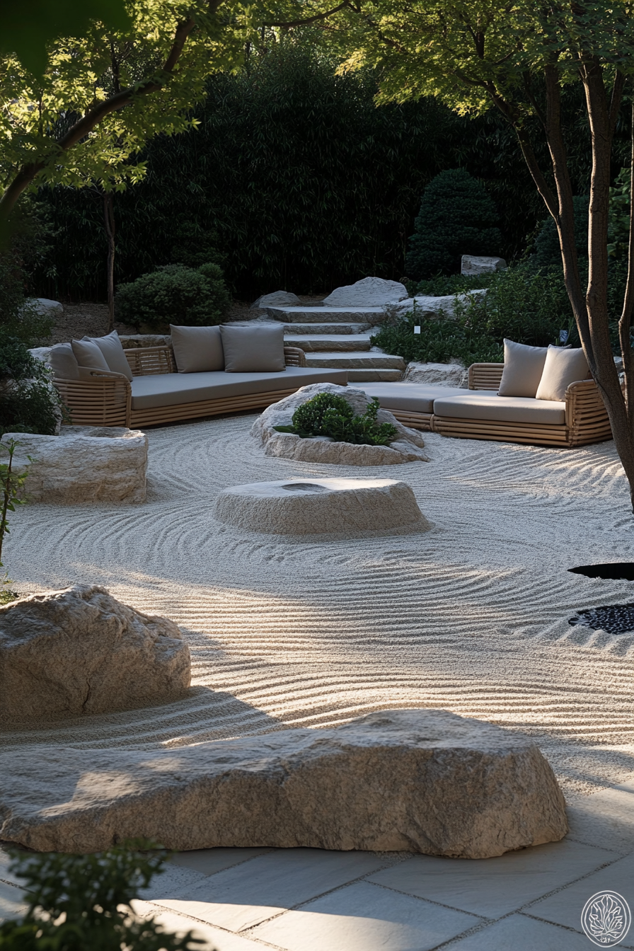 Design Zen patio with clean, natural furniture; serene atmosphere.