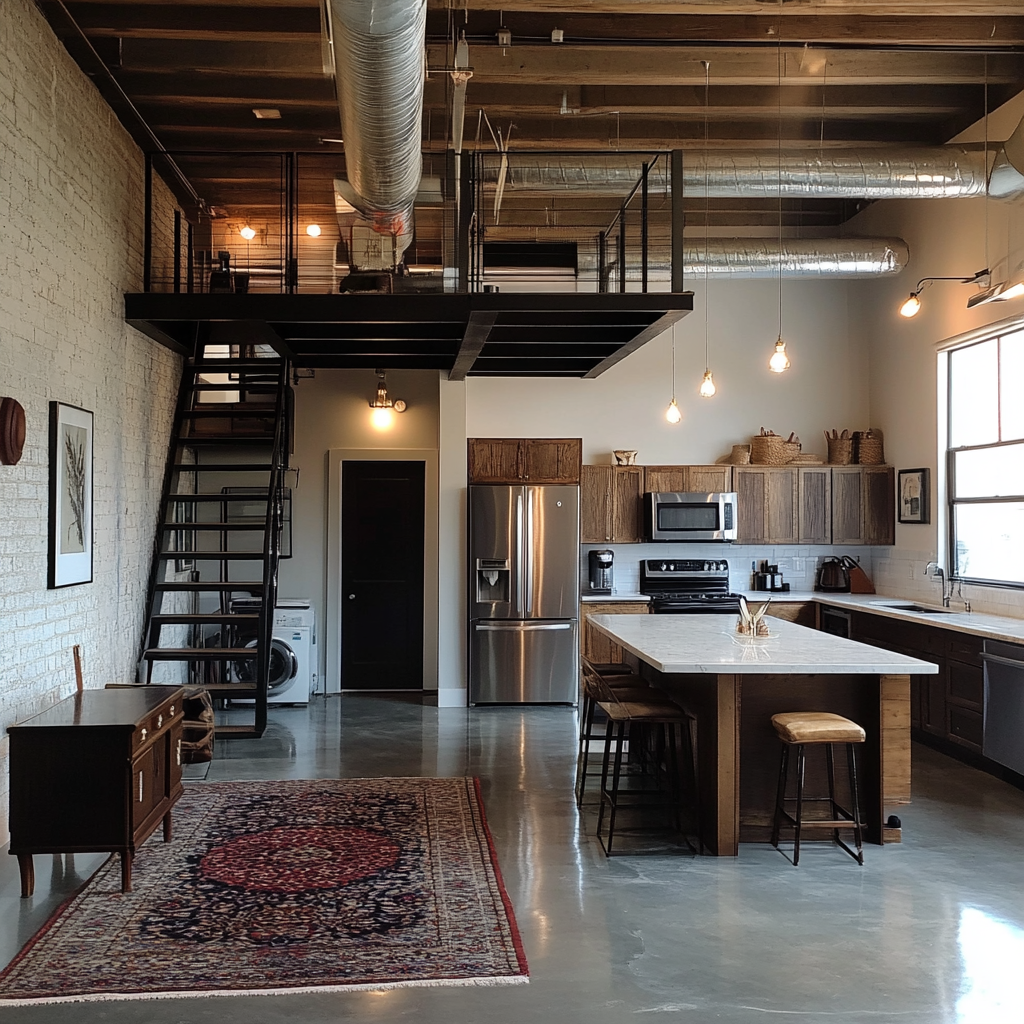 Design a loft with a mezzanine, industrial style.