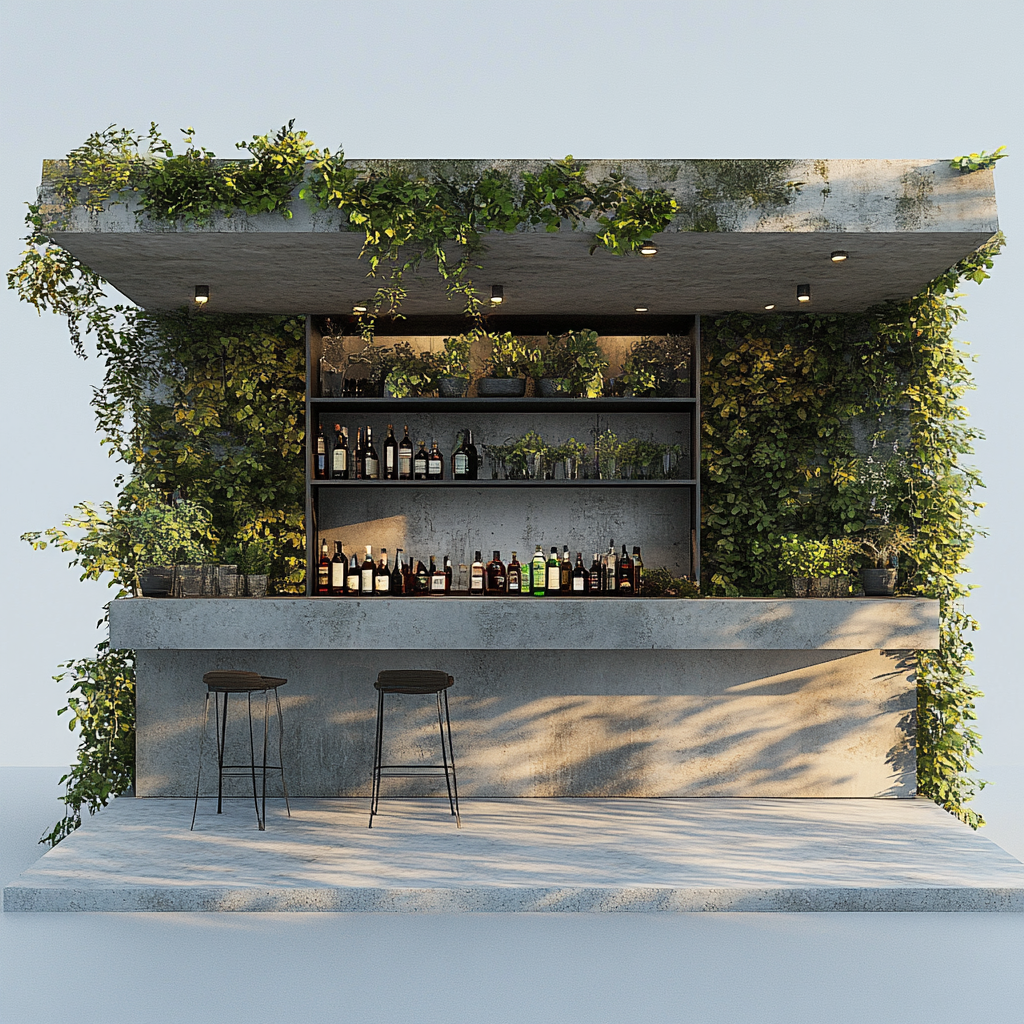 Design a marble and concrete rooftop bar.