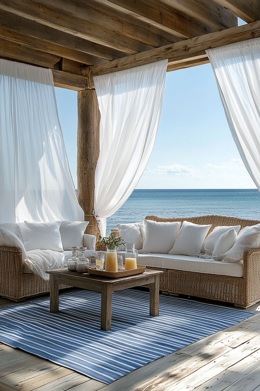 Design breezy coastal patio, white and blue furniture.