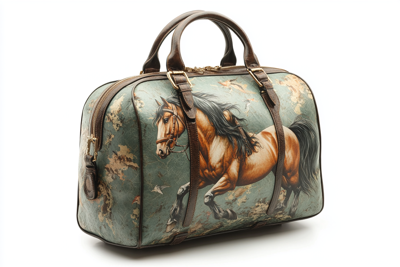 Design green travel bag with horse imprint using Pantone.