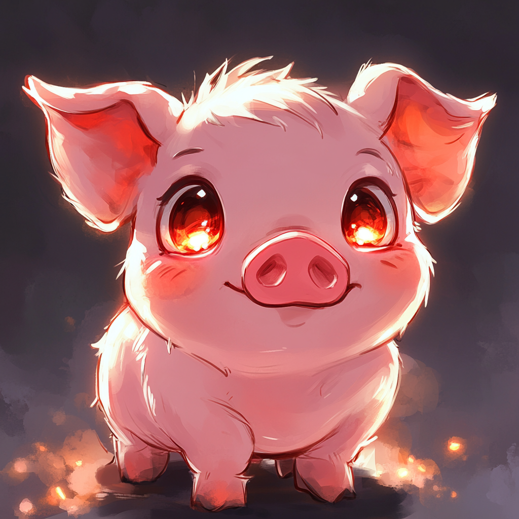 Design happy, chibi-style anime pig with glowing eyes.