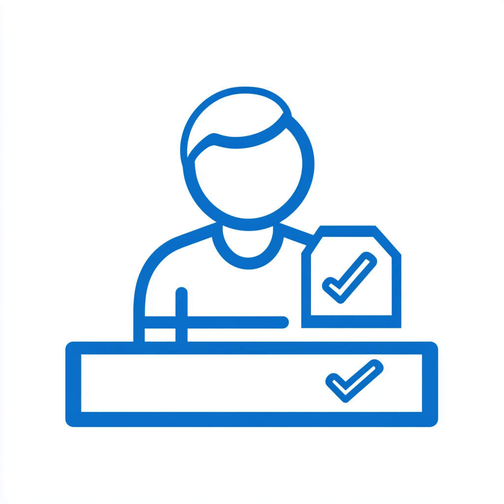 Design icon featuring person holding badge at reception desk.