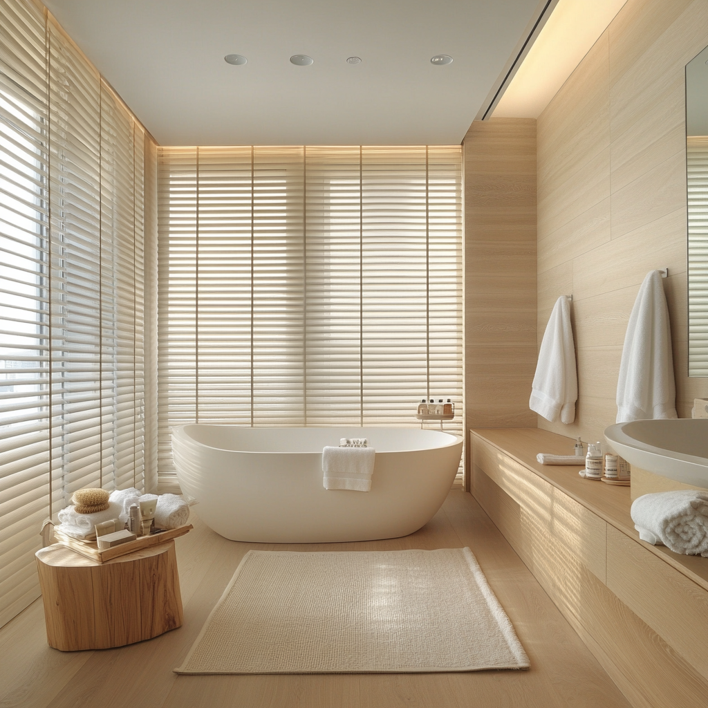 Design in Israel using natural, bright materials for master bedroom and bathroom.