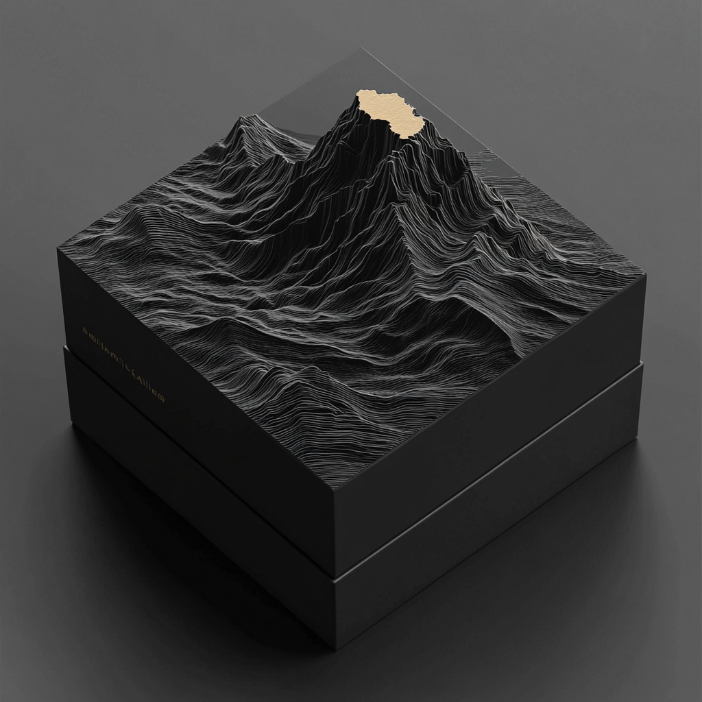 Design minimalist product box with mountain top design. Grey/black.