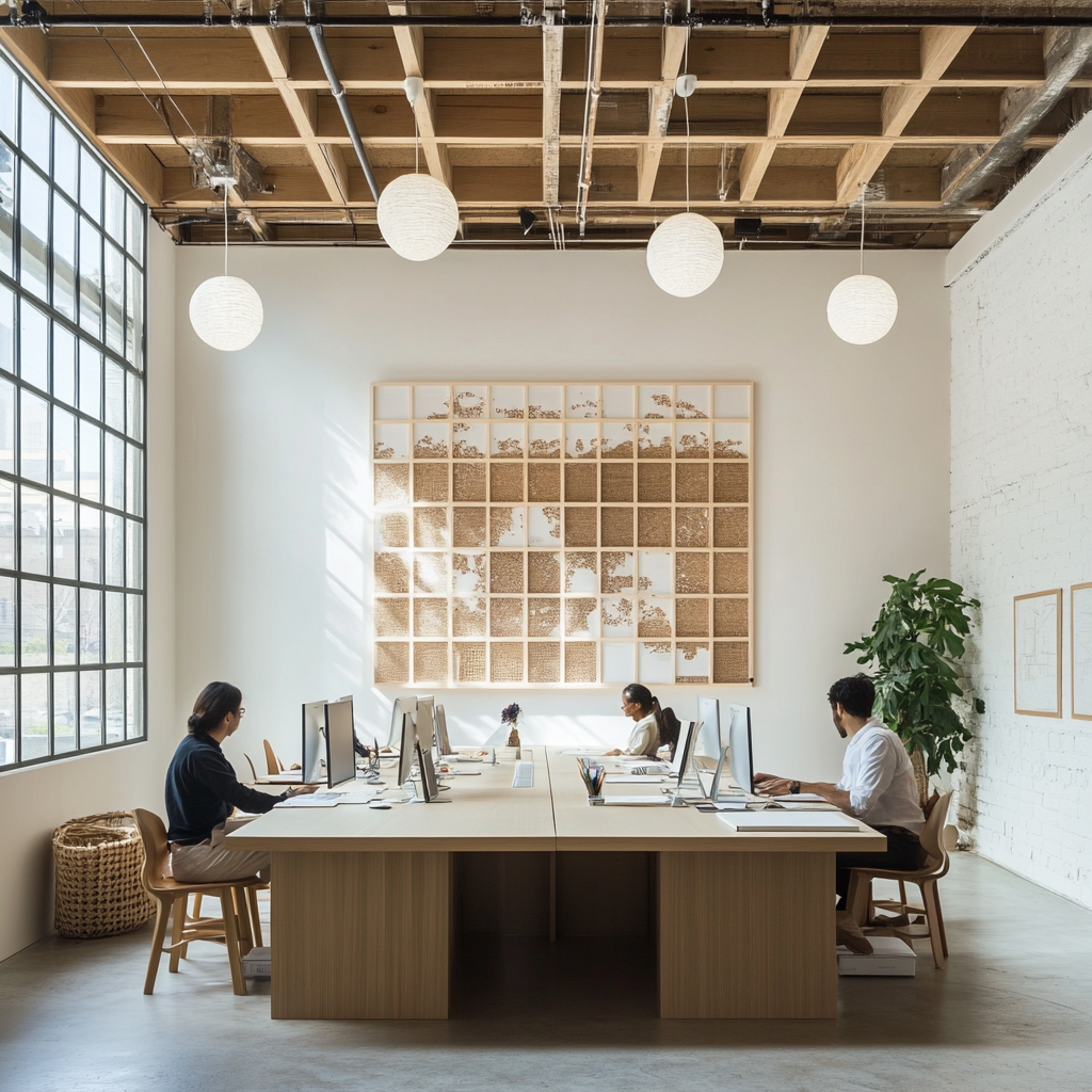 Design studio with diverse designers, global influences, minimalist workspace.