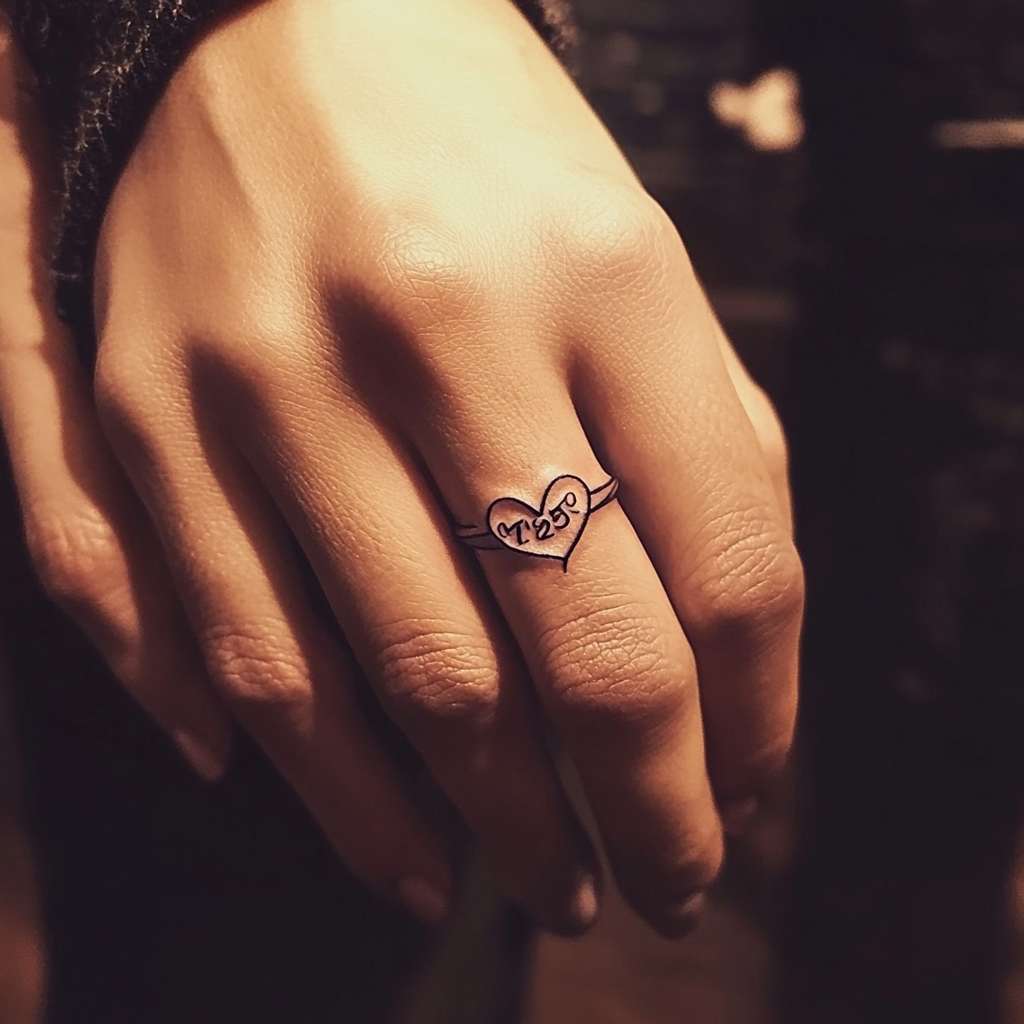 Design thin wedding ring tattoo with heart, numbers 725.