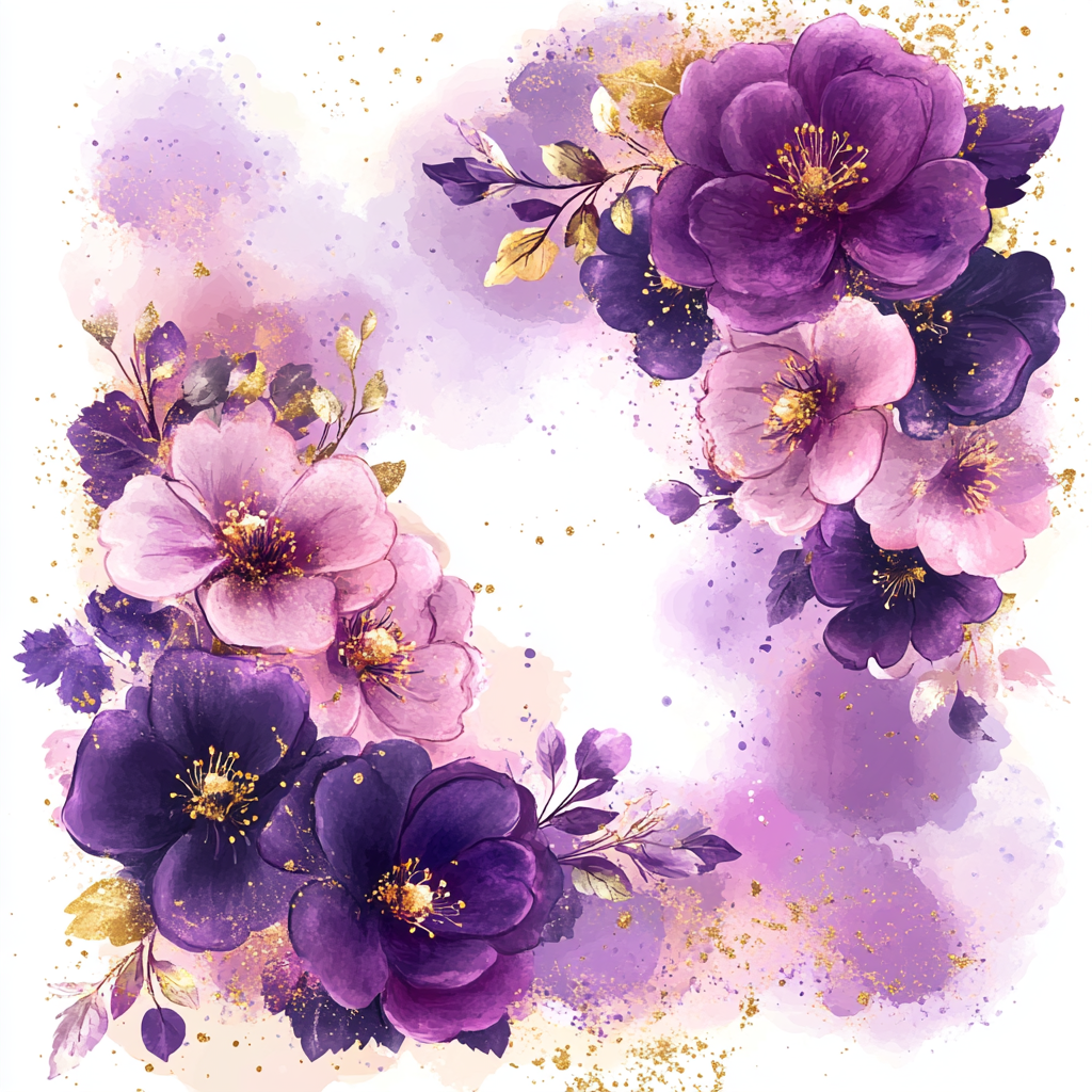 Design with gradient purple and pink flowers with gold accents.