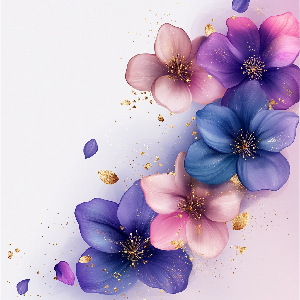 Design: Flowers with purple, pink, blue, gold sparkle.