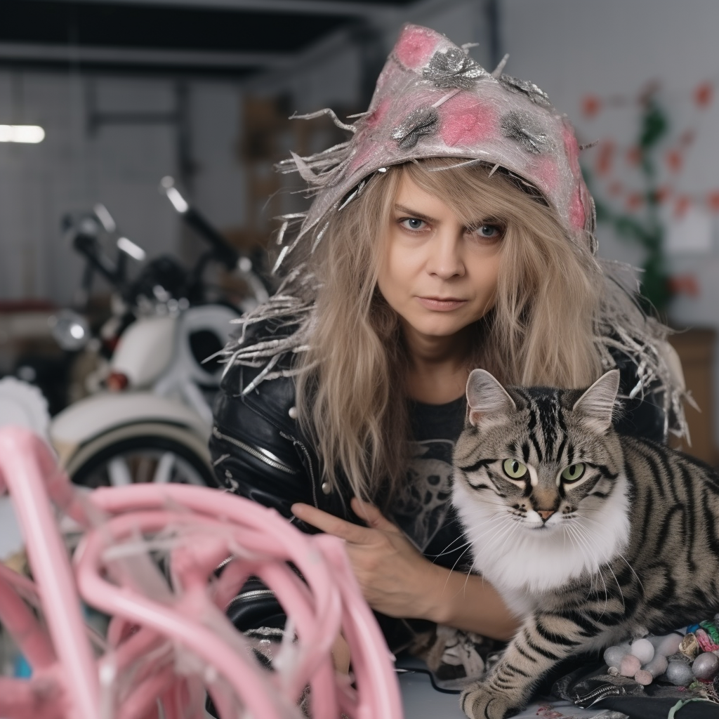 Designer holding fabric with cat in workshop.