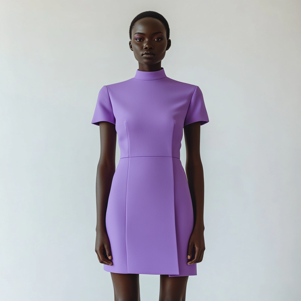 Designer lilac dress with short sleeves, straight cut.