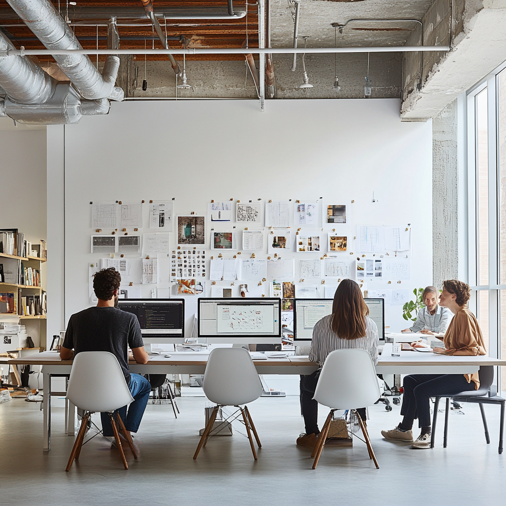 Designers collaborating in minimalist studio with white walls.