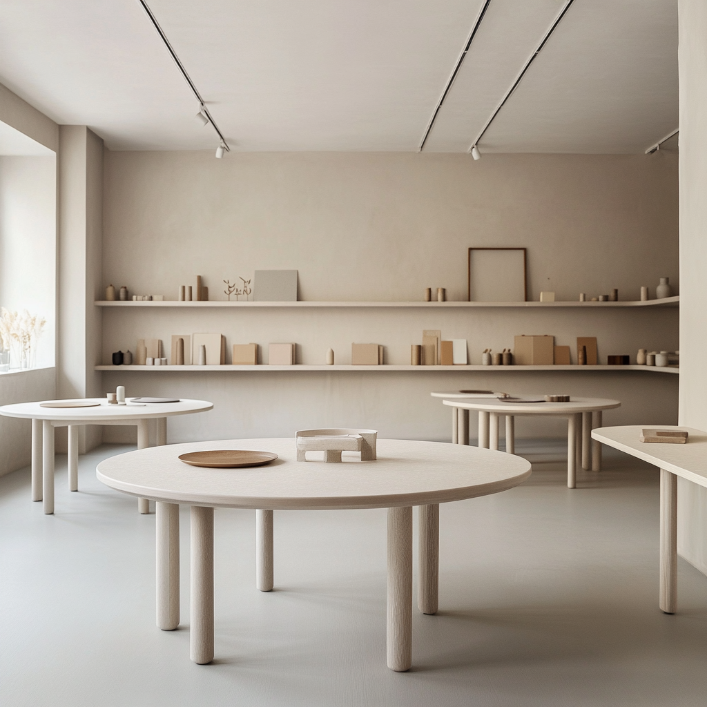 Designers convene at minimalist open studio with round tables.