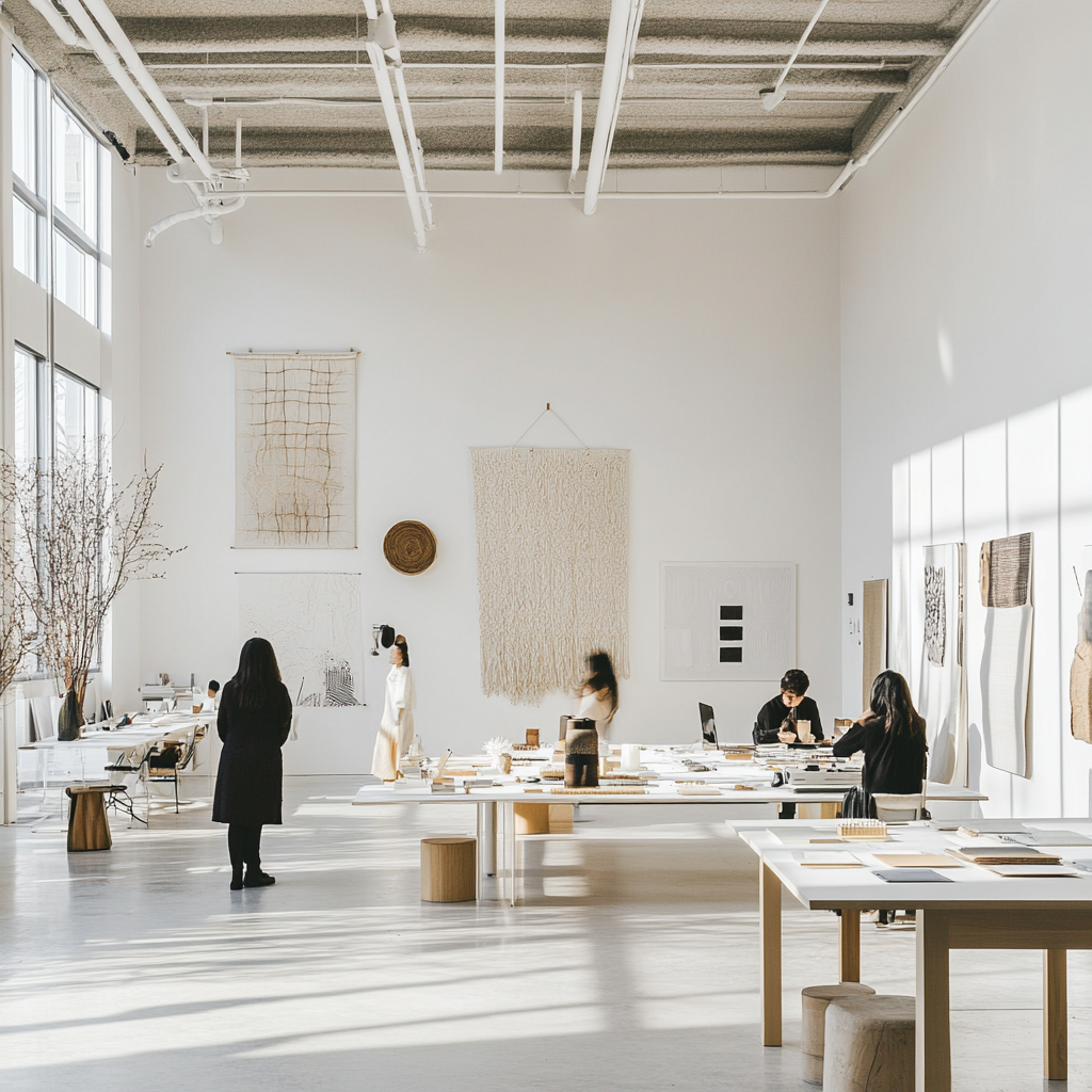 Designers working in global studio with minimalist decor.