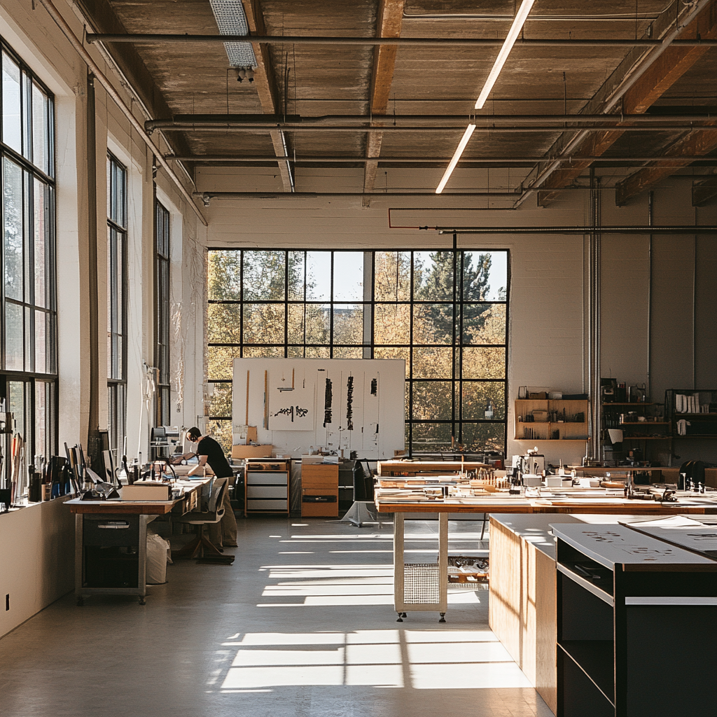 Designers working in modern studio with natural light.