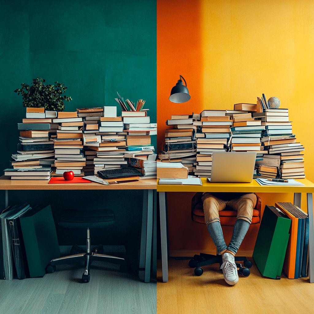 Desk Split: Cluttered vs Clean Leader Contrast Office