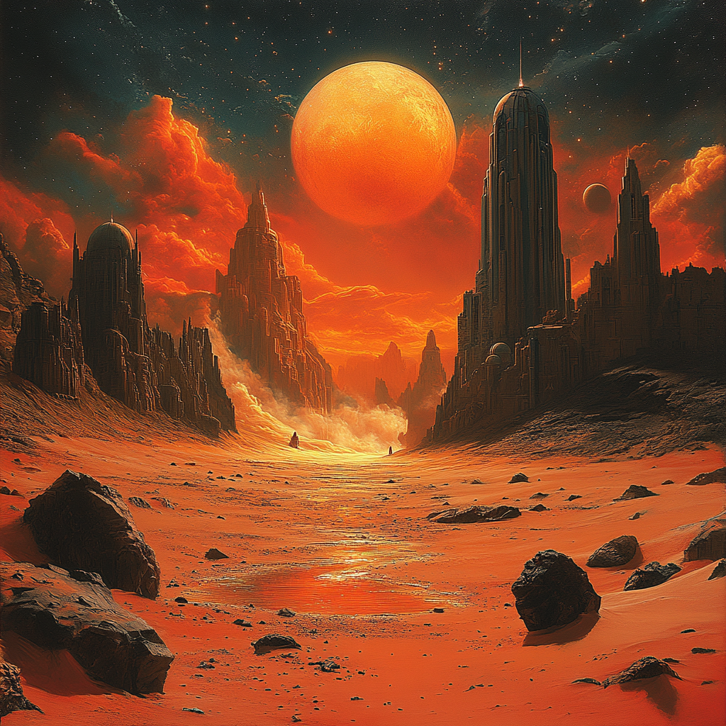 Desolate city in bright desert, space background