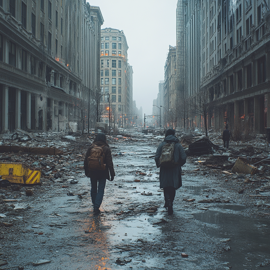 Desolate cityscape, empty streets, somber atmosphere, urban decay.