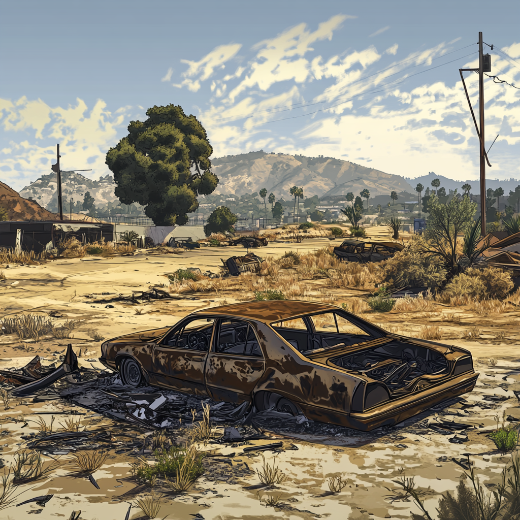 Desolate landscape with burned-out car and destruction in GTA V.