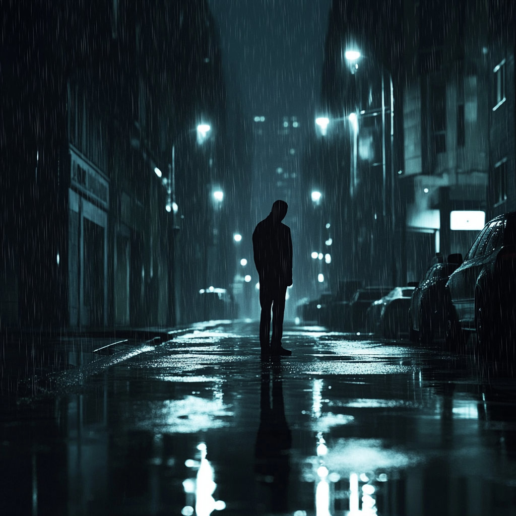 Desolate person in rain under streetlights at night