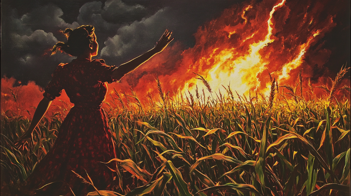 Desperate female farmer pointing at burning corn field.