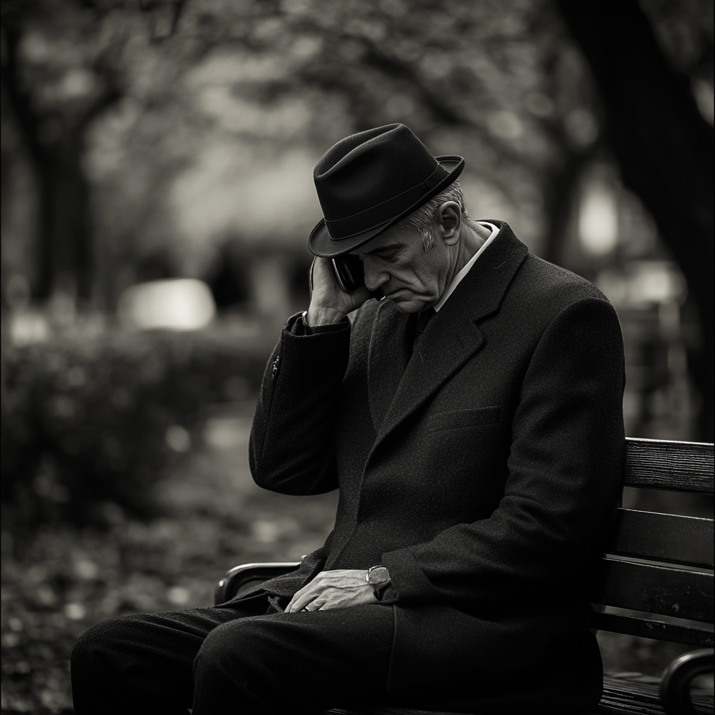 Desperate gentleman waiting on bench in park 