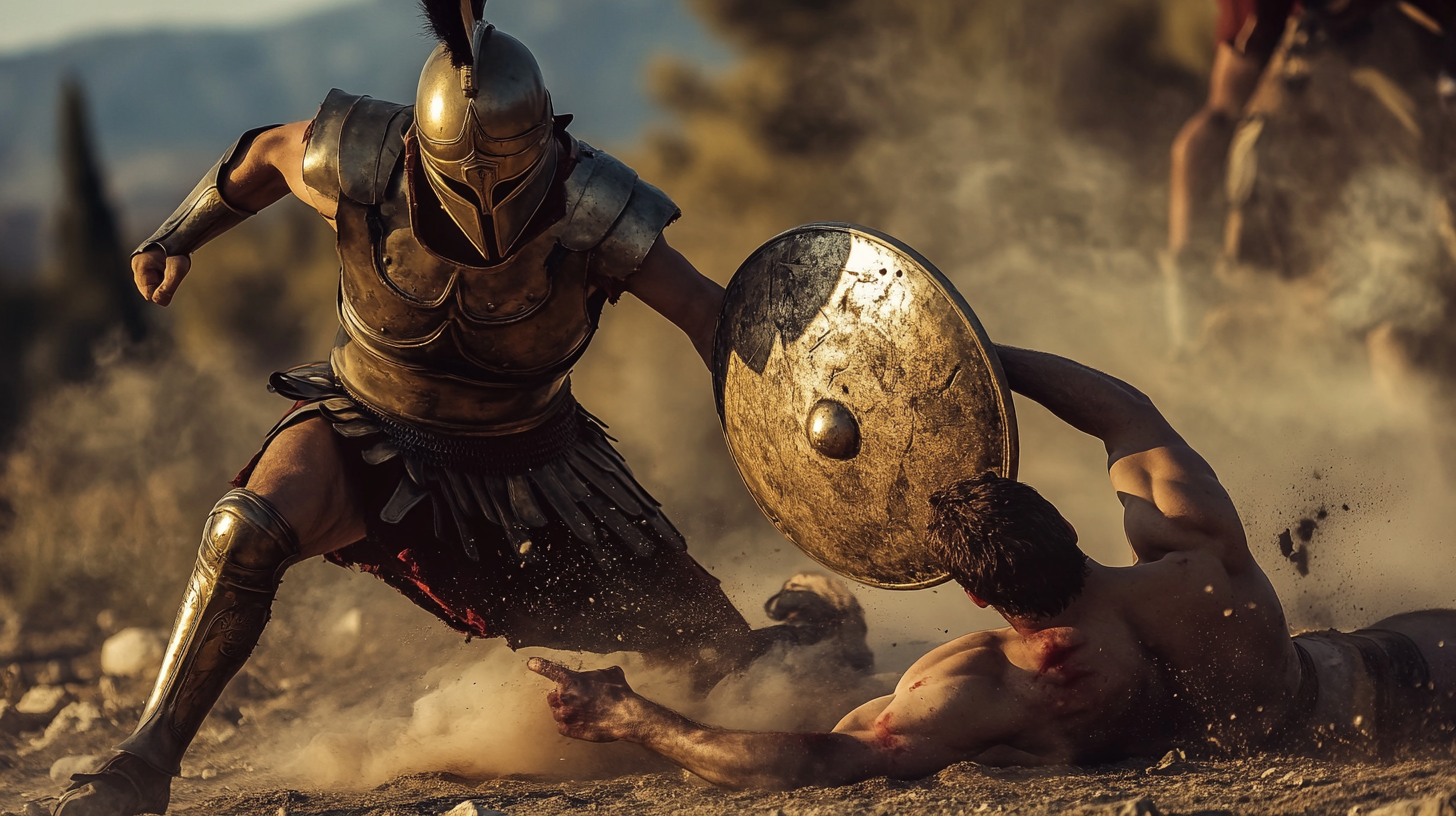 Desperate hoplite shields fallen comrade from attacking enemies.