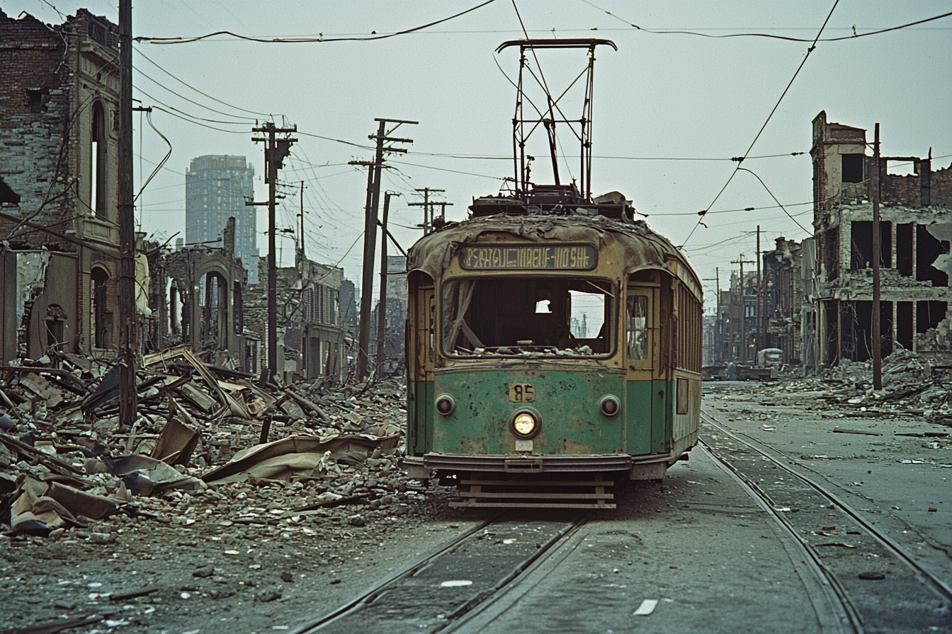 Destroyed buildings, old trolley car, wartime street scene.