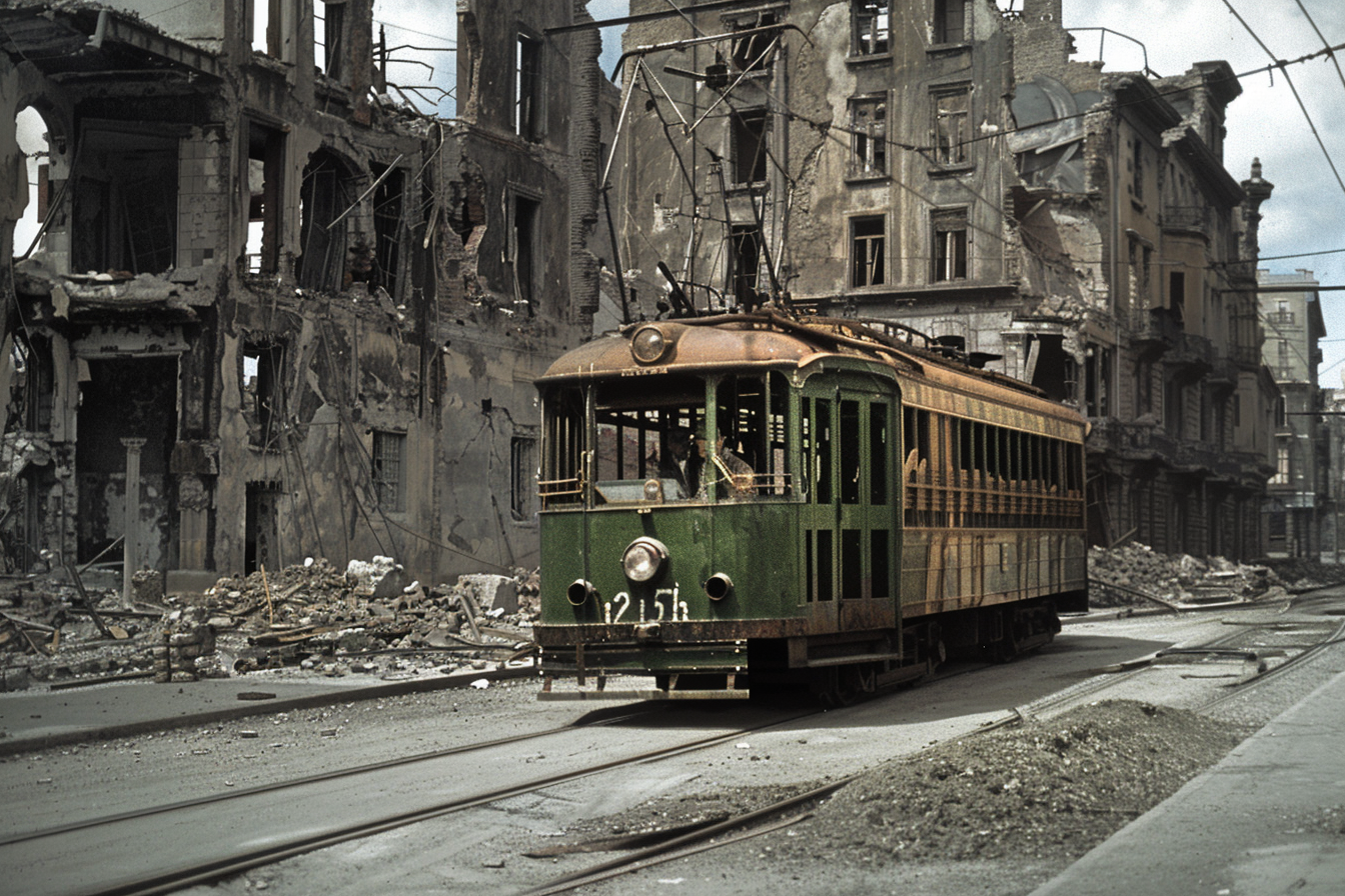 Destroyed buildings in background as old trolley car passes.