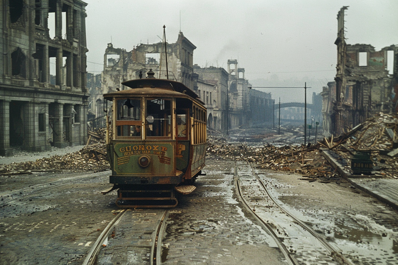 Destroyed buildings on background, old trolley car.