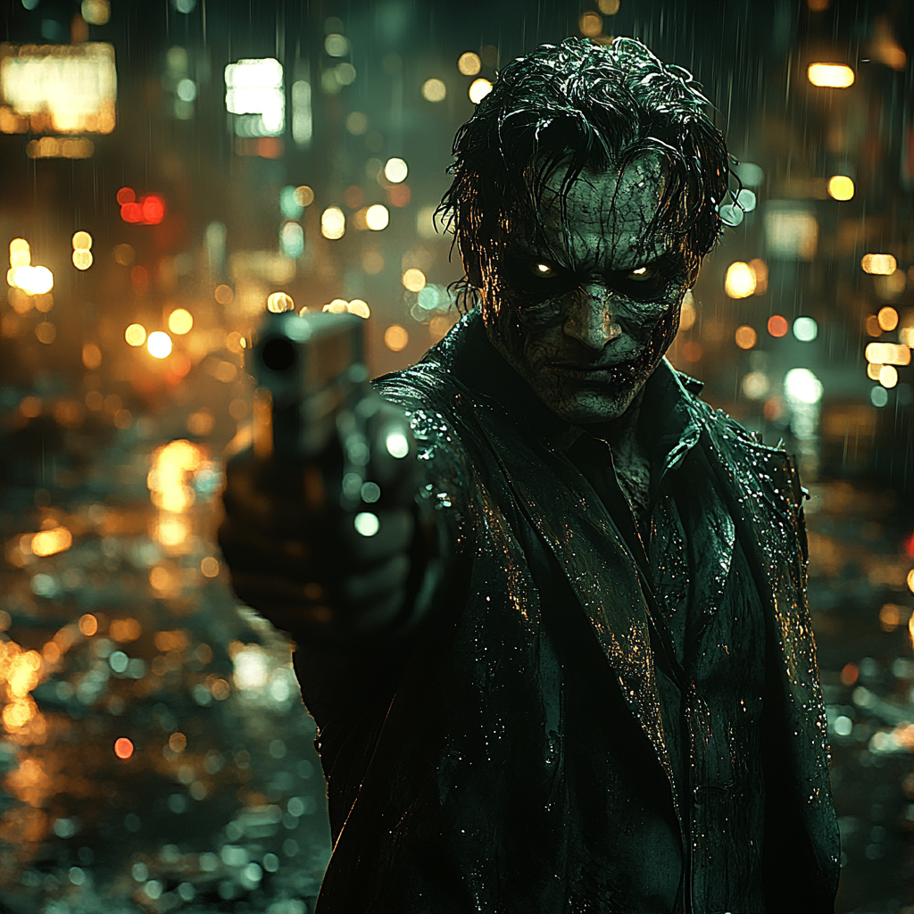 Destroyed city street at night, Two-Face holding gun and coin