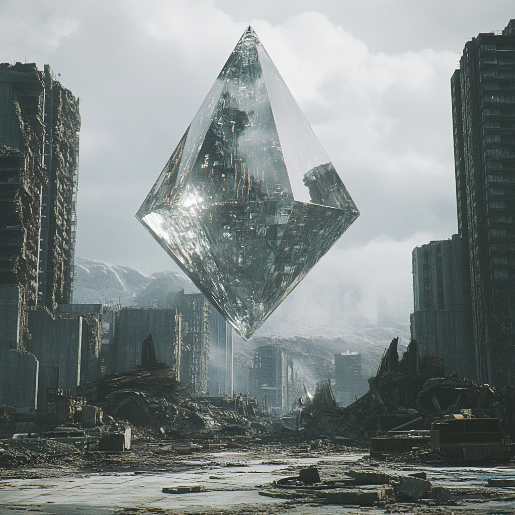 Destroyed city with floating crystal triangle, bright contrast.