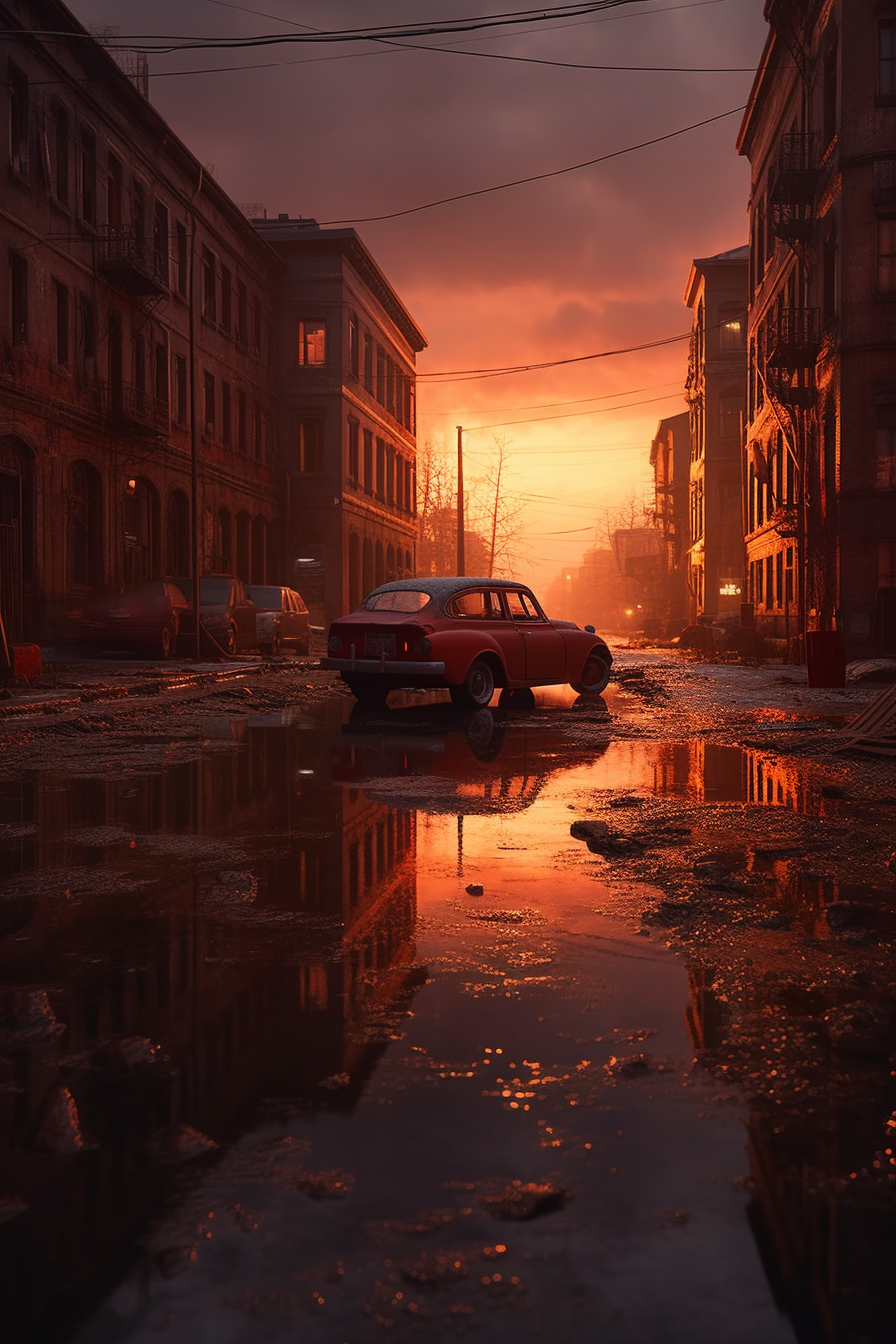 Destroyed city with red sky and realistic lighting detail.