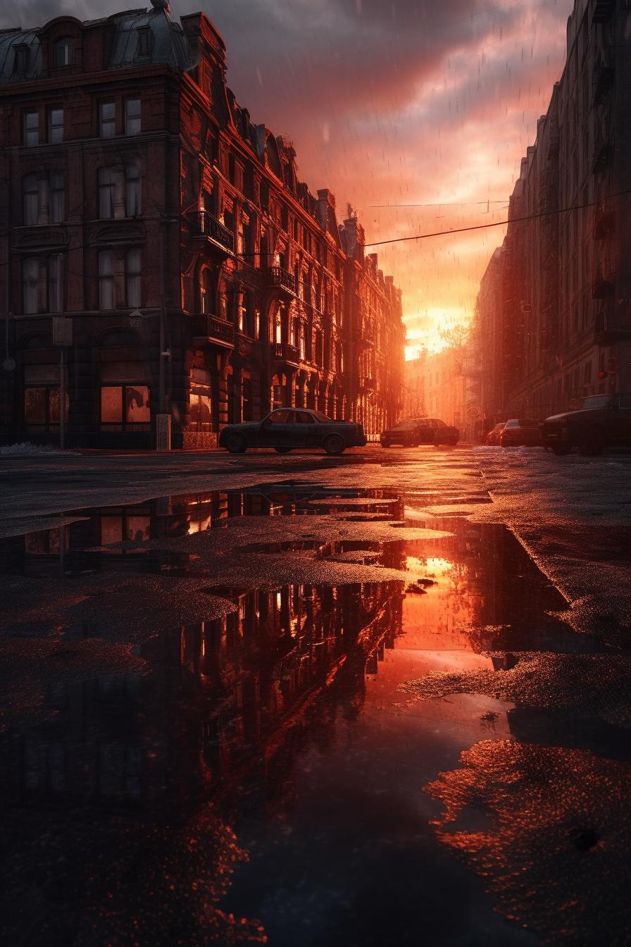 Destroyed city with red sky and reflective puddles.