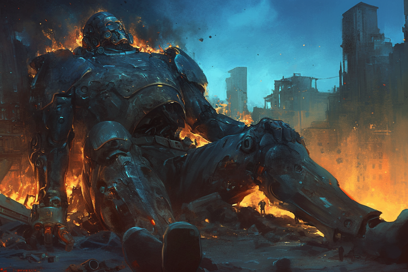 Destroyed cybernetic man in fiery, stormy town + horror art.