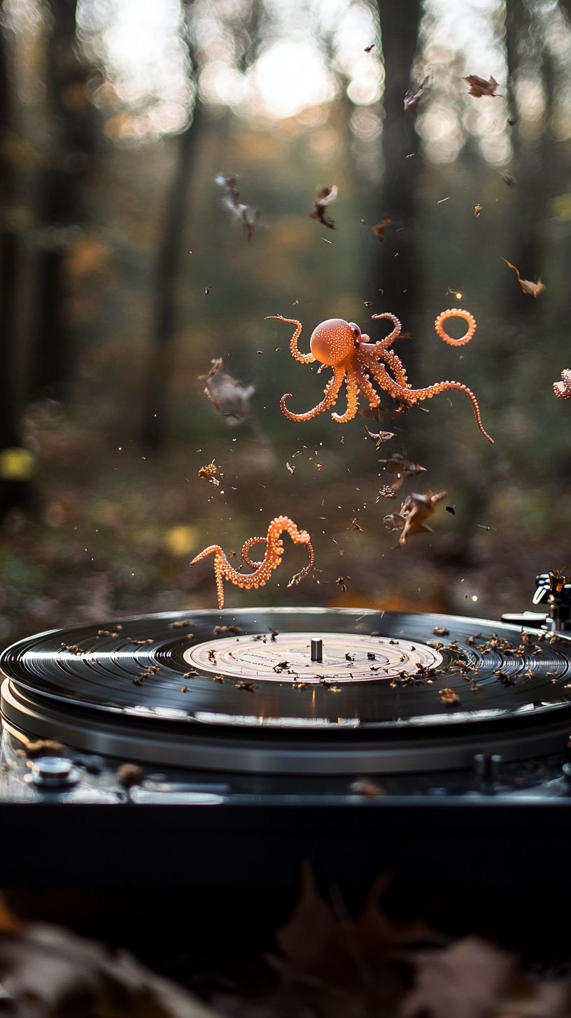 Destroyed turntable in forest, glowing octopus flock flies.