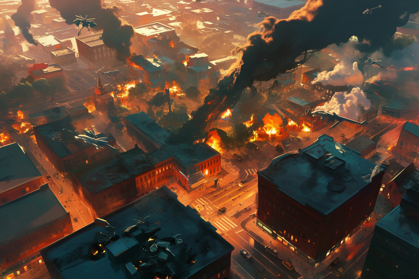 Destructive town fire in detailed, realistic art style.