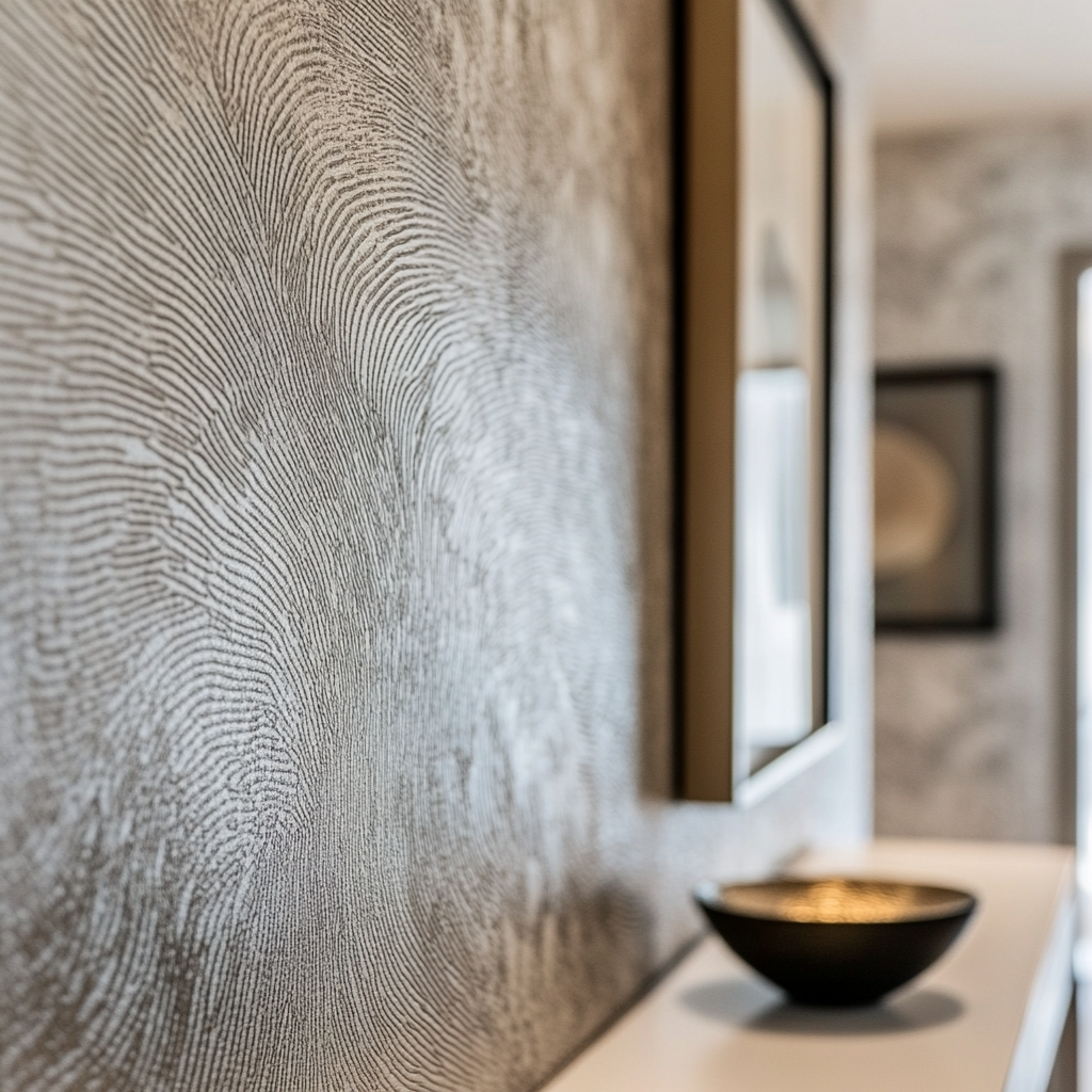 Detail of hallway wallpaper with small table corner visible.